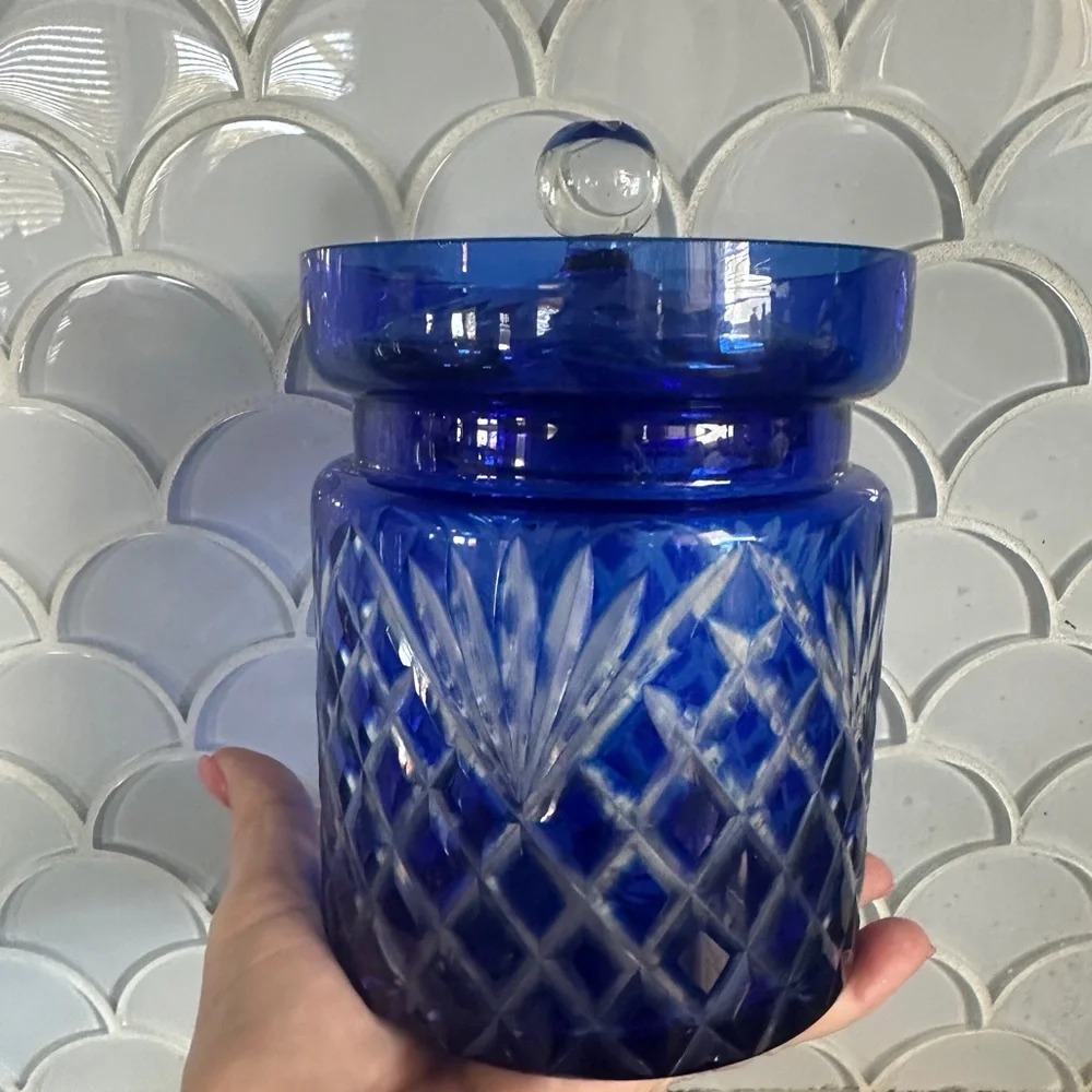 Vintage Cobalt Blue Cut to Clear Crystal Czech Bohemian Cookie Biscuit Jar